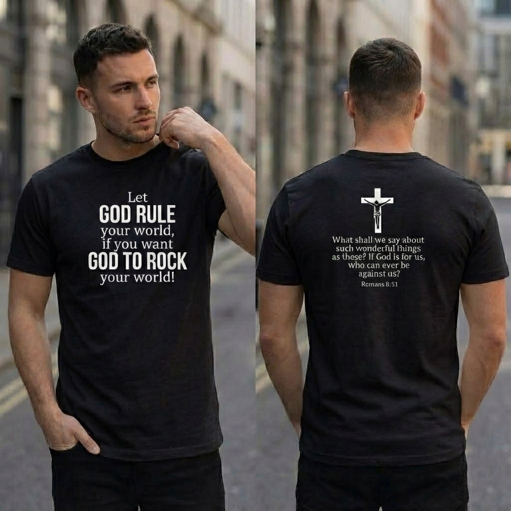 romans 8:31 christian t shirt, let god rule your world, two sided faith tee, religious gift for men women, bible verse shirt, jesus cross top
