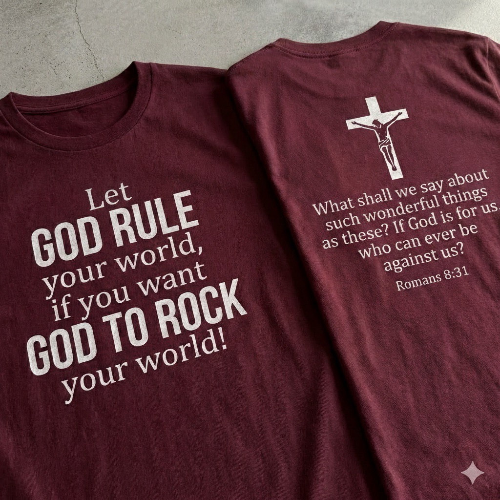 romans 8:31 christian t shirt, let god rule your world, two sided faith tee, religious gift for men women, bible verse shirt, jesus cross top