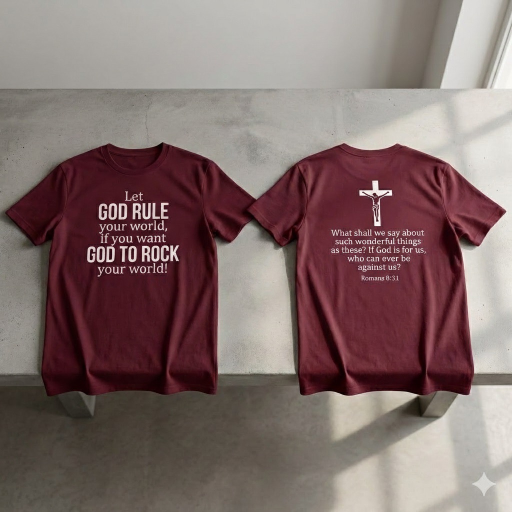romans 8:31 christian t shirt, let god rule your world, two sided faith tee, religious gift for men women, bible verse shirt, jesus cross top