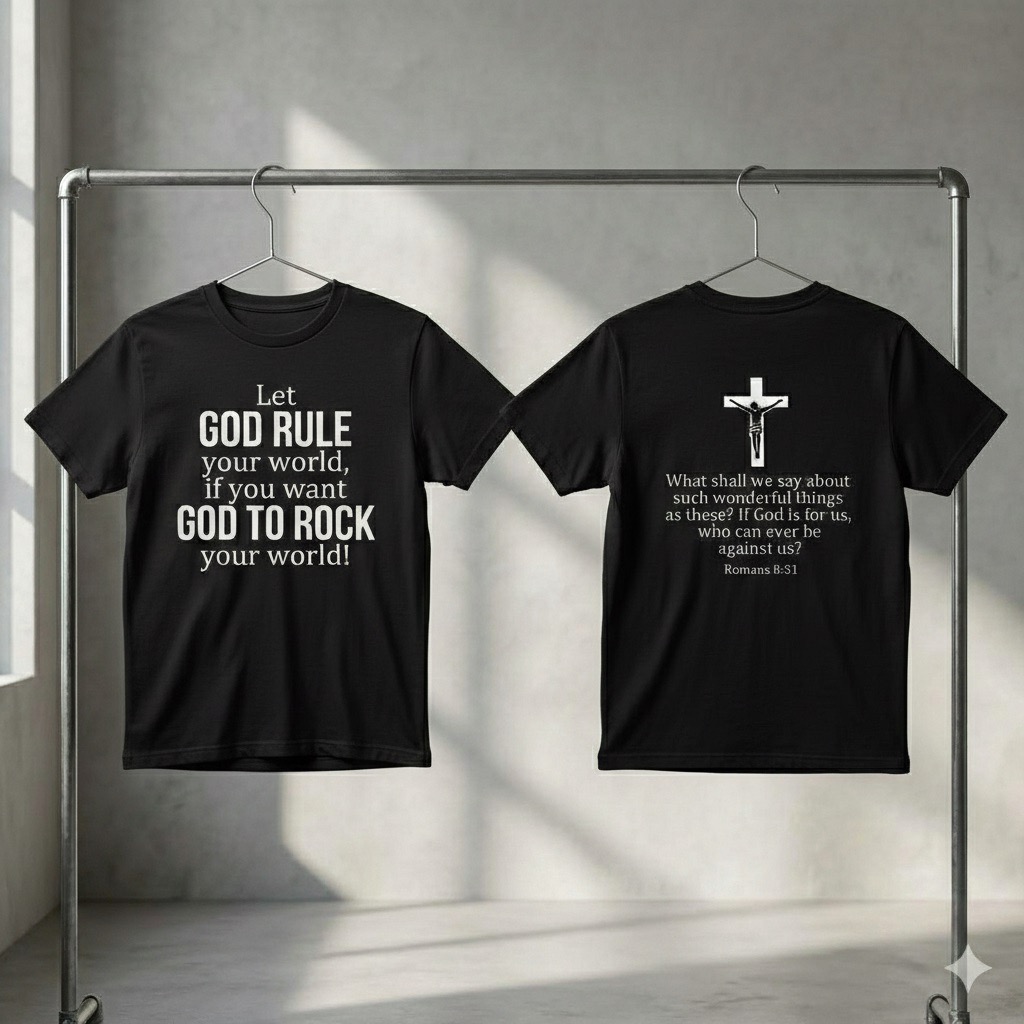 romans 8:31 christian t shirt, let god rule your world, two sided faith tee, religious gift for men women, bible verse shirt, jesus cross top