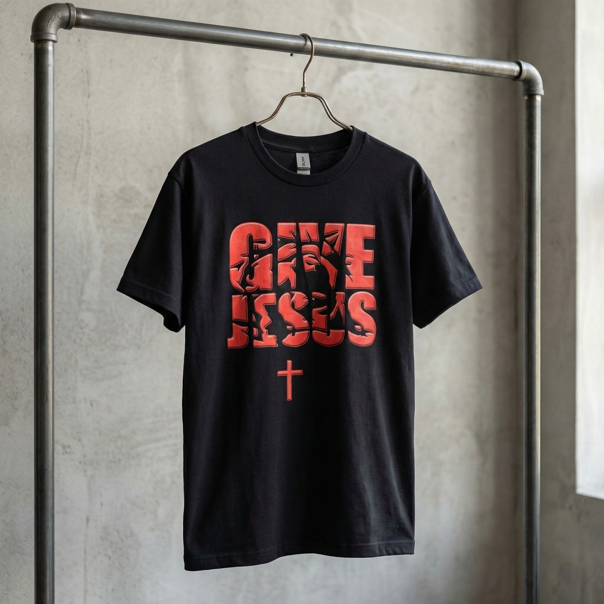 give jesus christian t shirt, bold red cross graphic tee, modern religious streetwear, faith apparel, jesus clothing gift for him