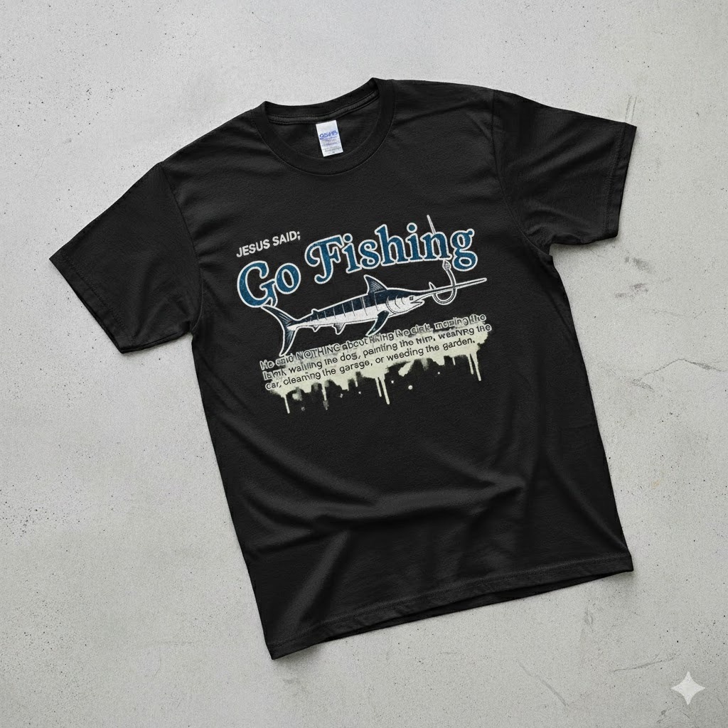 jesus said go fishing shirt, funny christian tee, fisherman gift for men, oversized swordfish graphic t shirt, religious dad joke top