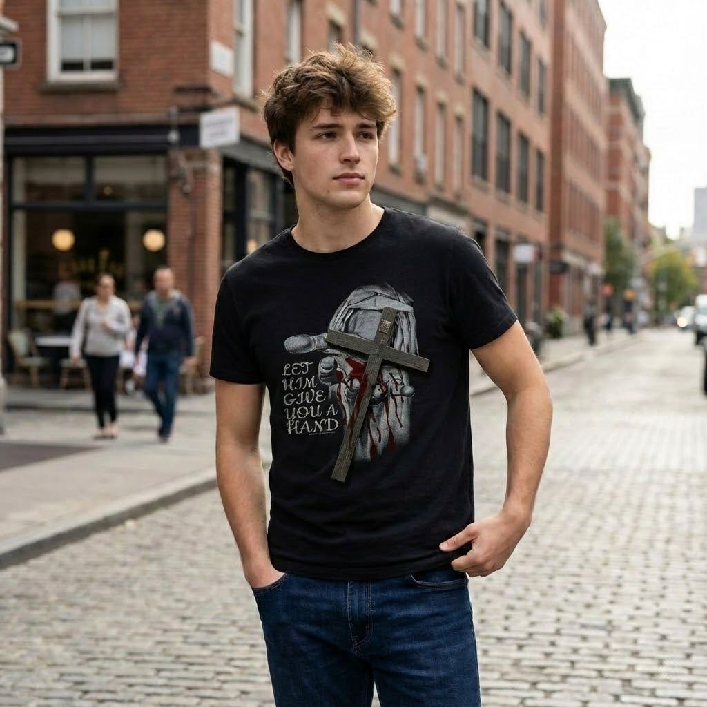 dark jesus cross t shirt, christian grunge streetwear, "let him give you a hand" graphic tee, edgy religious clothing, urban faith top
