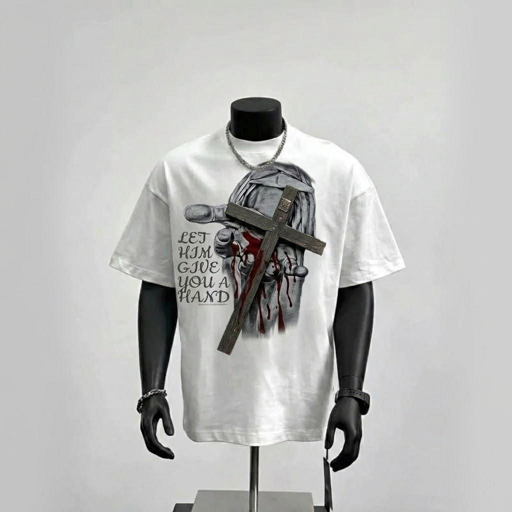 dark jesus cross t shirt, christian grunge streetwear, "let him give you a hand" graphic tee, edgy religious clothing, urban faith top