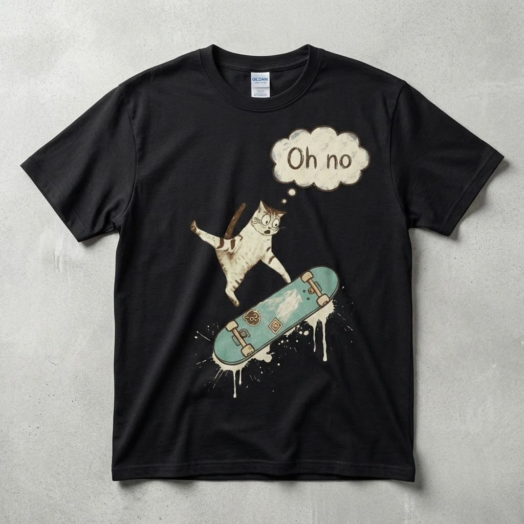 funny cat on skateboard t shirt "oh no" humorous skater graphic tee vintage style streetwear gift