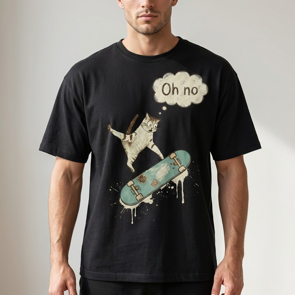 funny cat on skateboard t shirt "oh no" humorous skater graphic tee vintage style streetwear gift