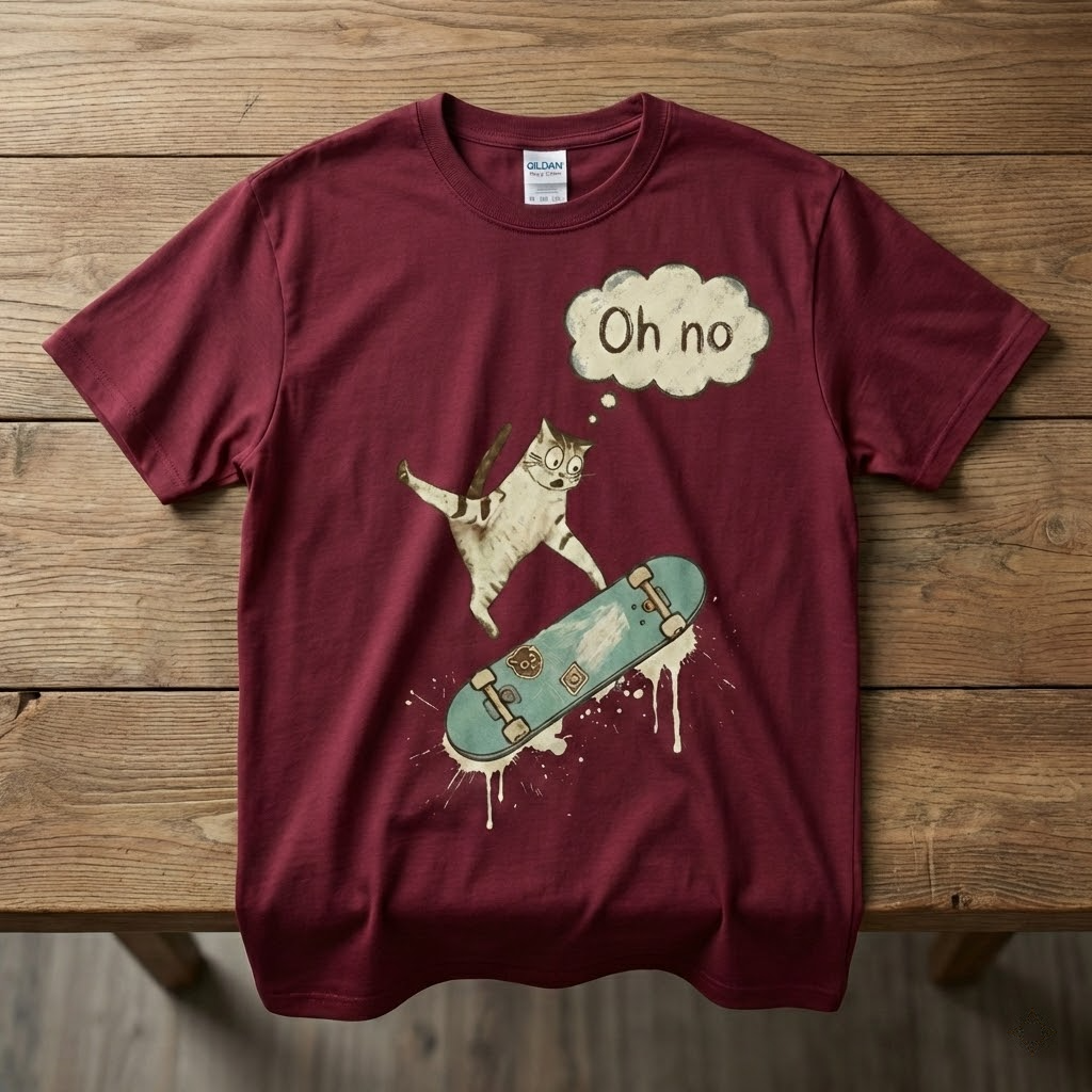 funny cat on skateboard t shirt "oh no" humorous skater graphic tee vintage style streetwear gift