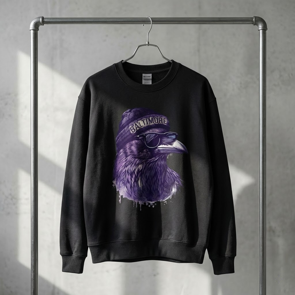vintage baltimore football sweatshirt cool raven with sunglasses & beanie retro game day crewneck