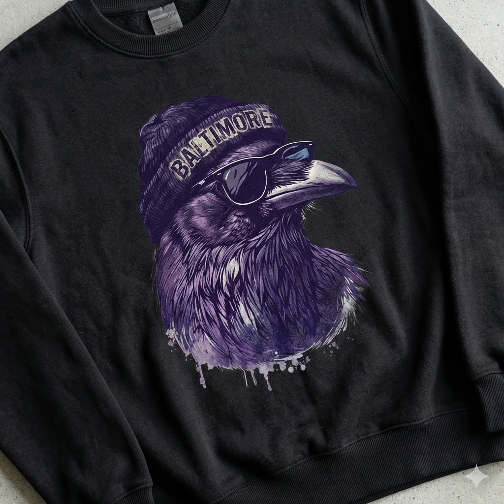 vintage baltimore football sweatshirt cool raven with sunglasses & beanie retro game day crewneck