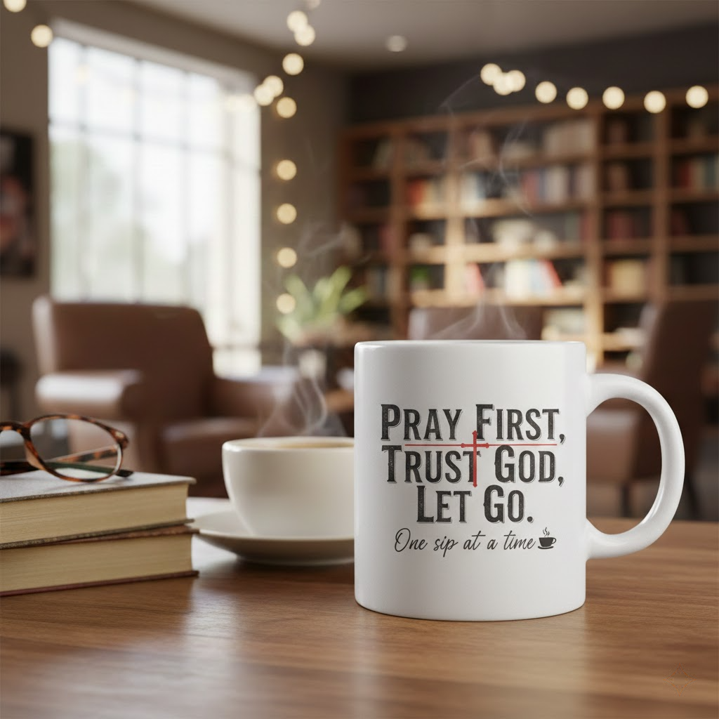 pray first trust god coffee mug – minimal christian mug with cross & coffee icon