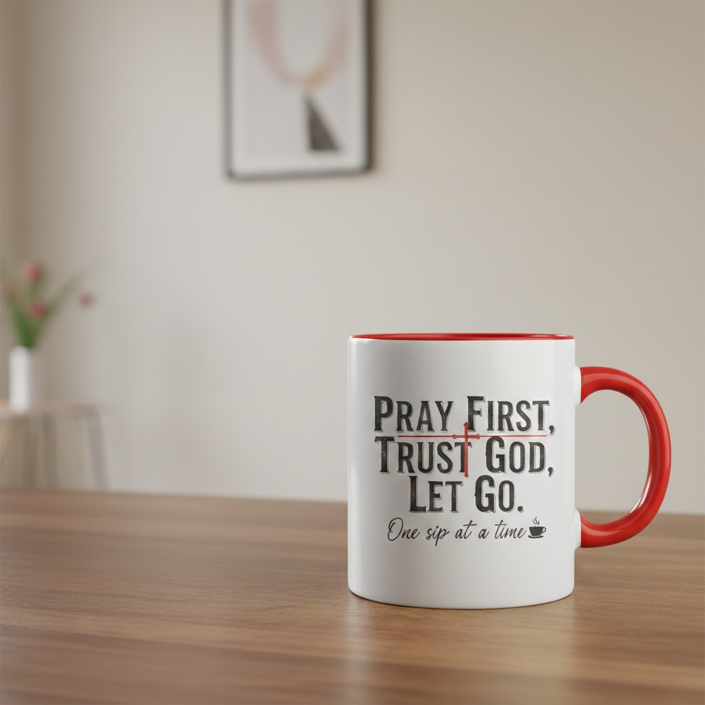 pray first trust god coffee mug – minimal christian mug with cross & coffee icon