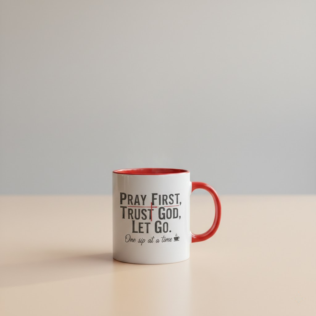 pray first trust god coffee mug – minimal christian mug with cross & coffee icon