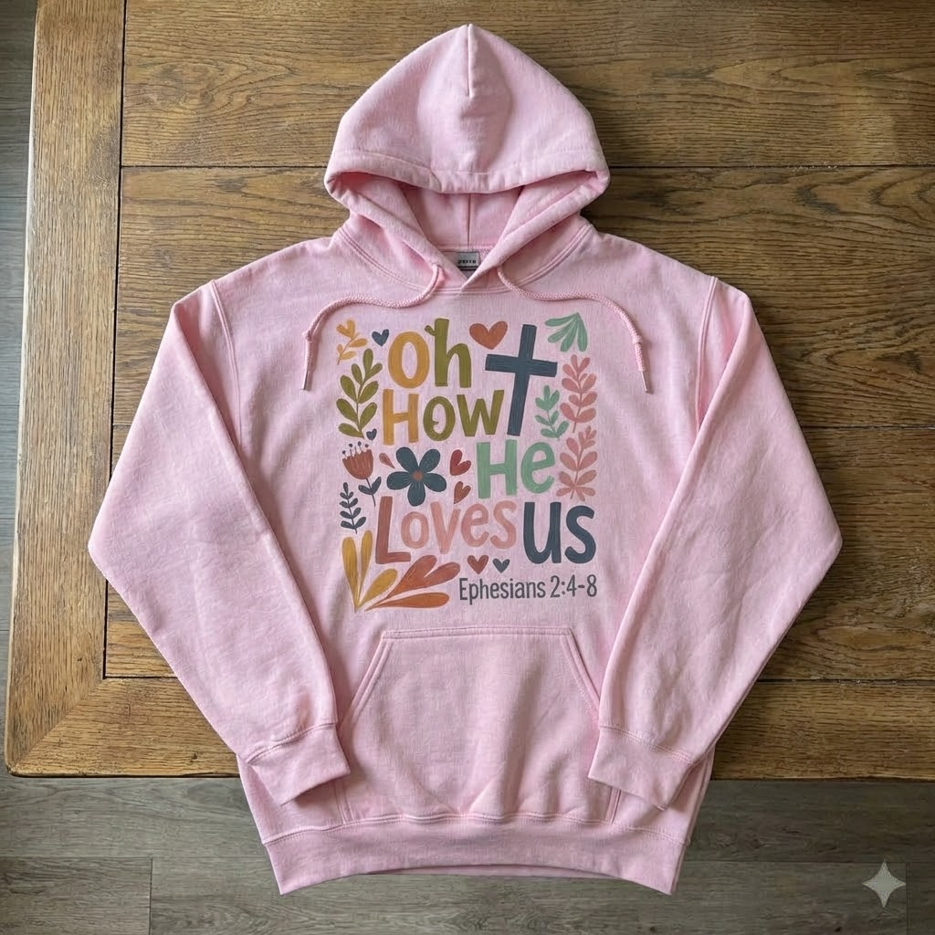 "oh how he loves us" floral christian hoodie ephesians 2:4 8 faith based apparel & religious gift