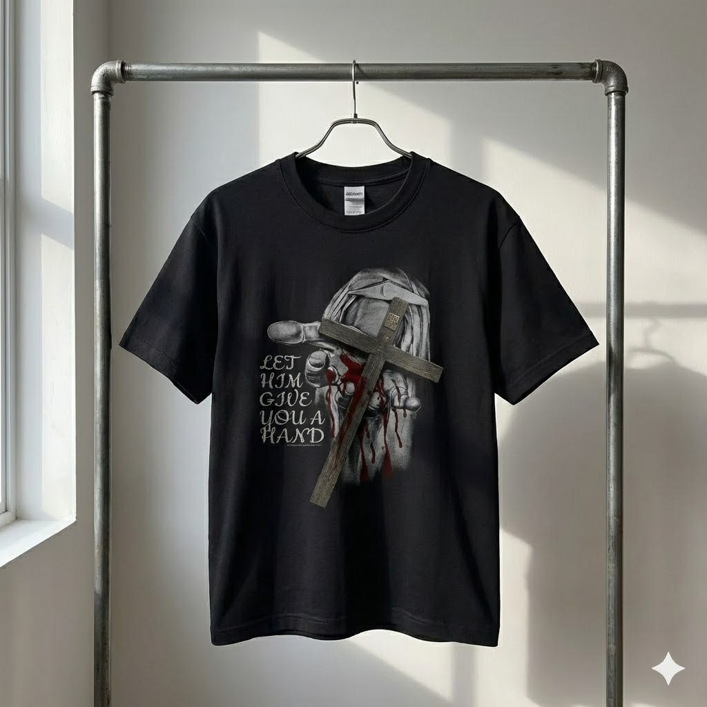 dark jesus cross t shirt, christian grunge streetwear, "let him give you a hand" graphic tee, edgy religious clothing, urban faith top