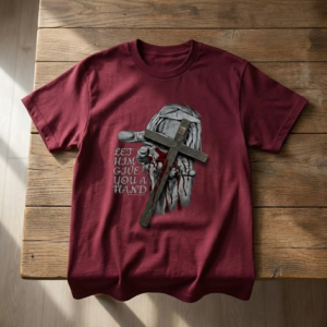 dark jesus cross t shirt, christian grunge streetwear, "let him give you a hand" graphic tee, edgy religious clothing, urban faith top