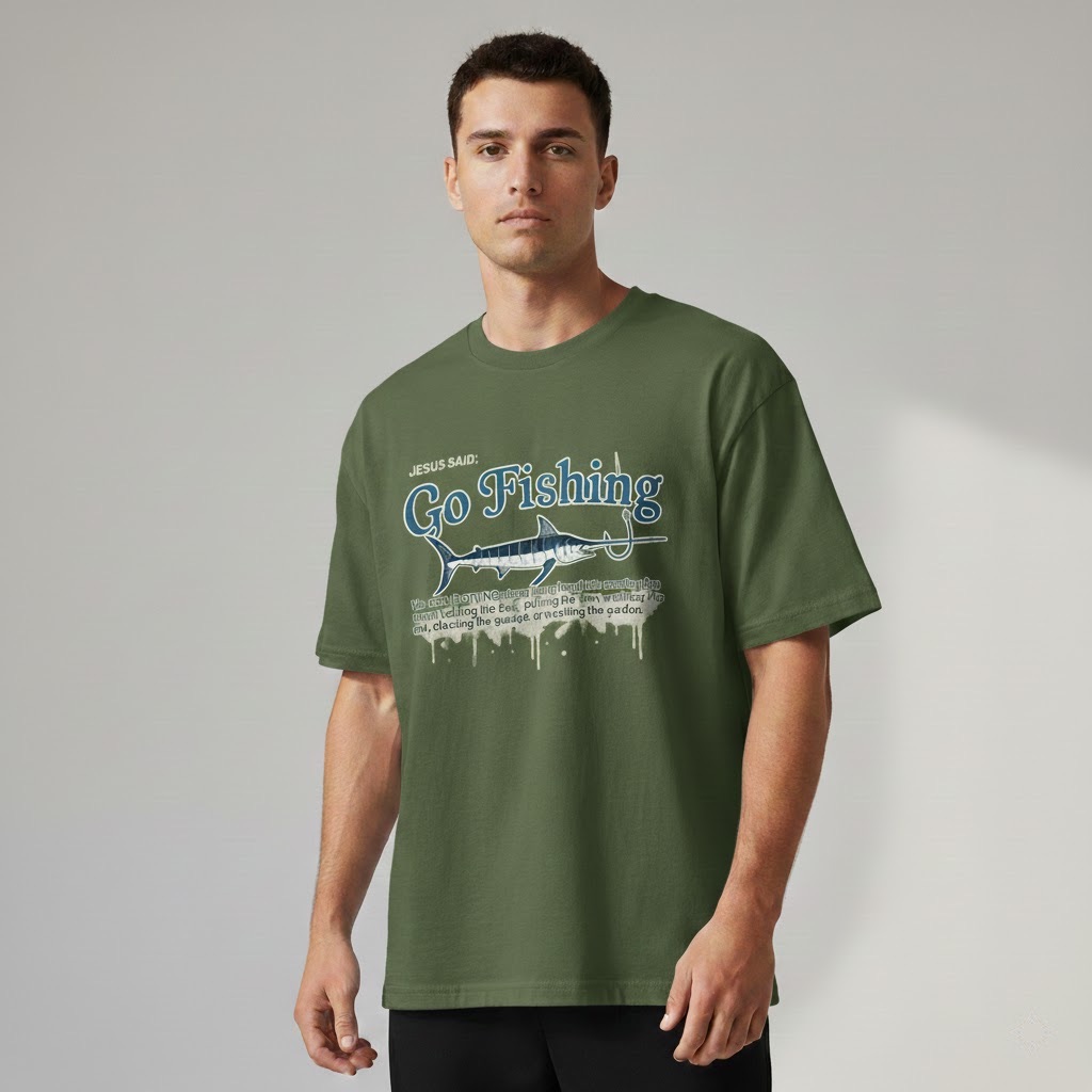 jesus said go fishing shirt, funny christian tee, fisherman gift for men, oversized swordfish graphic t shirt, religious dad joke top