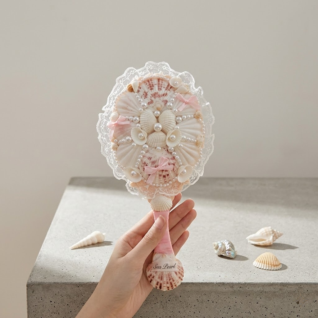 handmade seashell mirror with lace trim