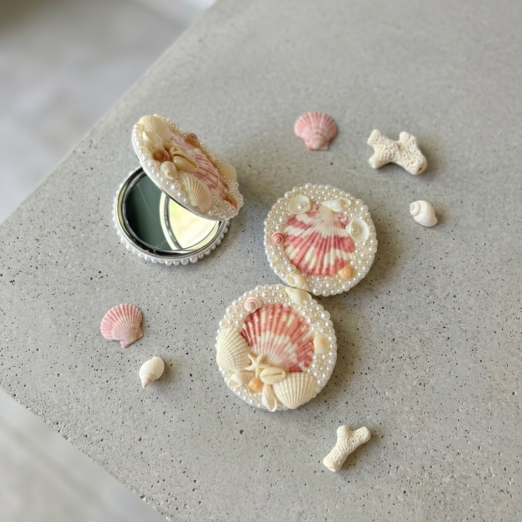 handmade double sided seashell compact mirror – meticulously crafted
