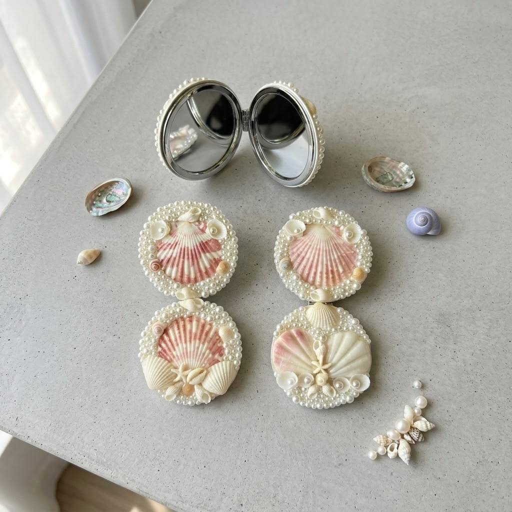 handmade double sided seashell compact mirror – meticulously crafted