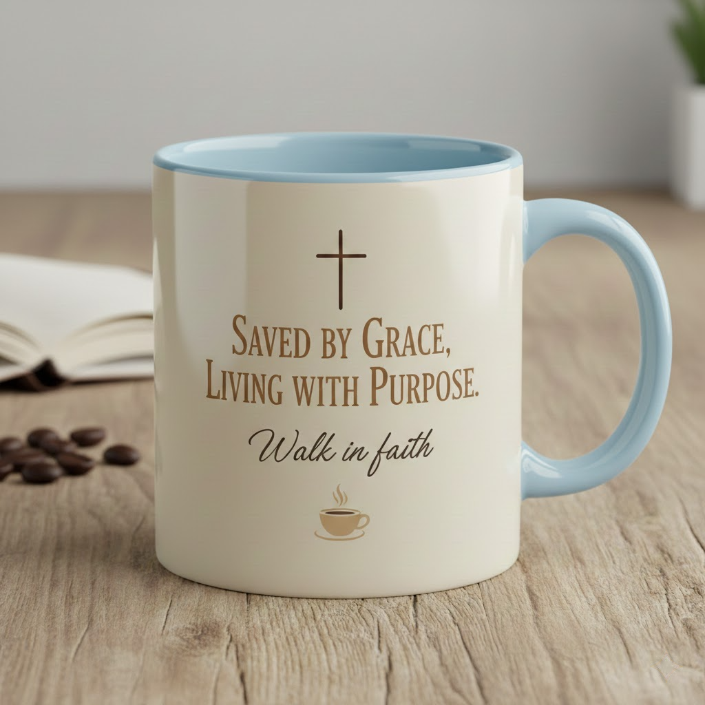 saved by grace christian mug – faith based coffee cup with cross icon