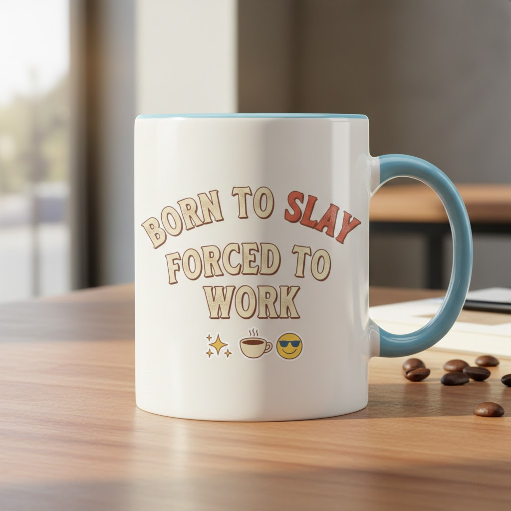 born to slay forced to work funny ceramic mug