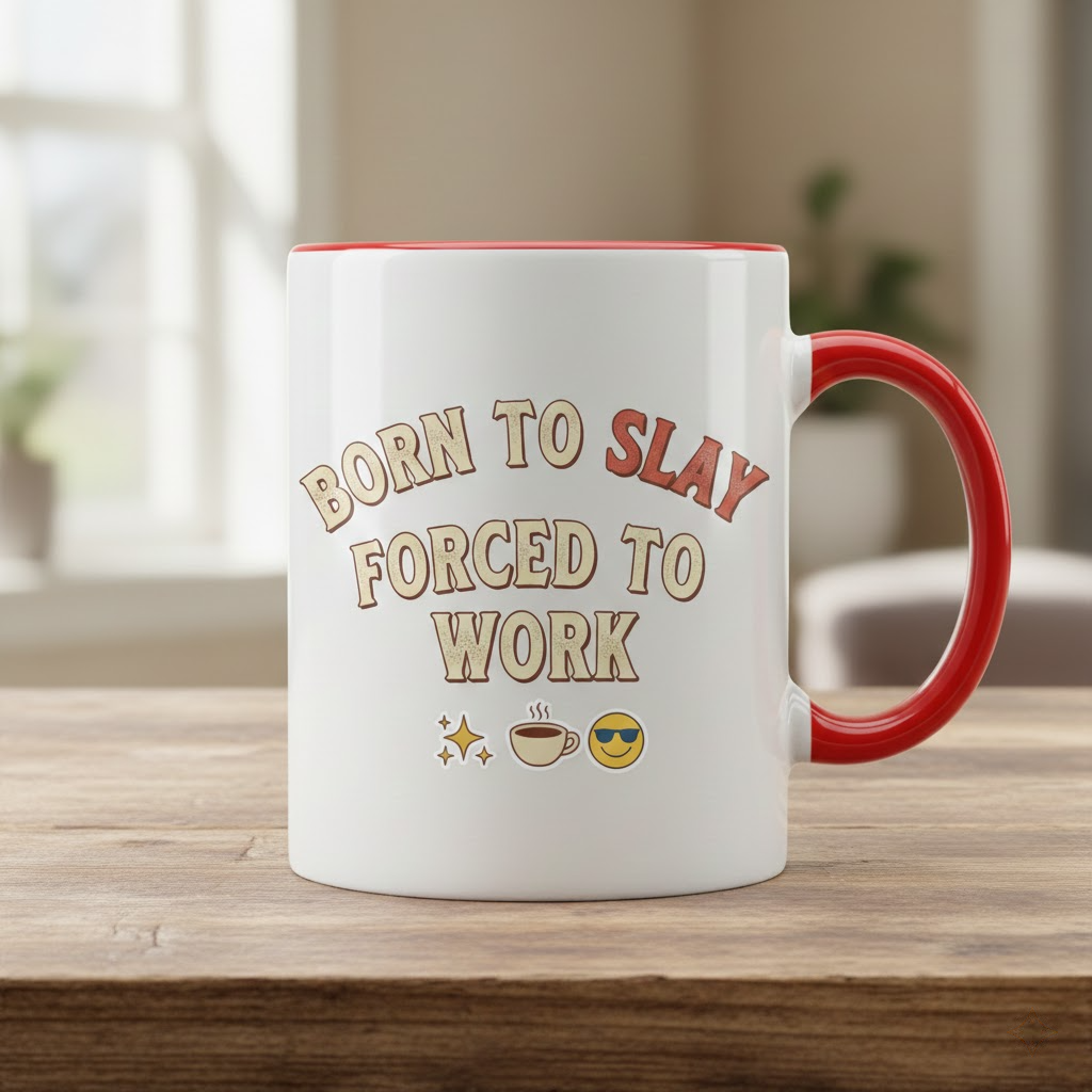born to slay forced to work funny ceramic mug