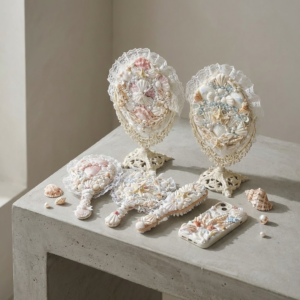 handcrafted shell desk mirror – beach style decor