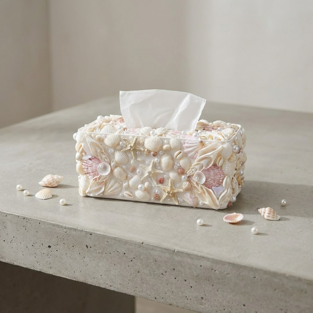 handmade seashell tissue box cover – coastal decor