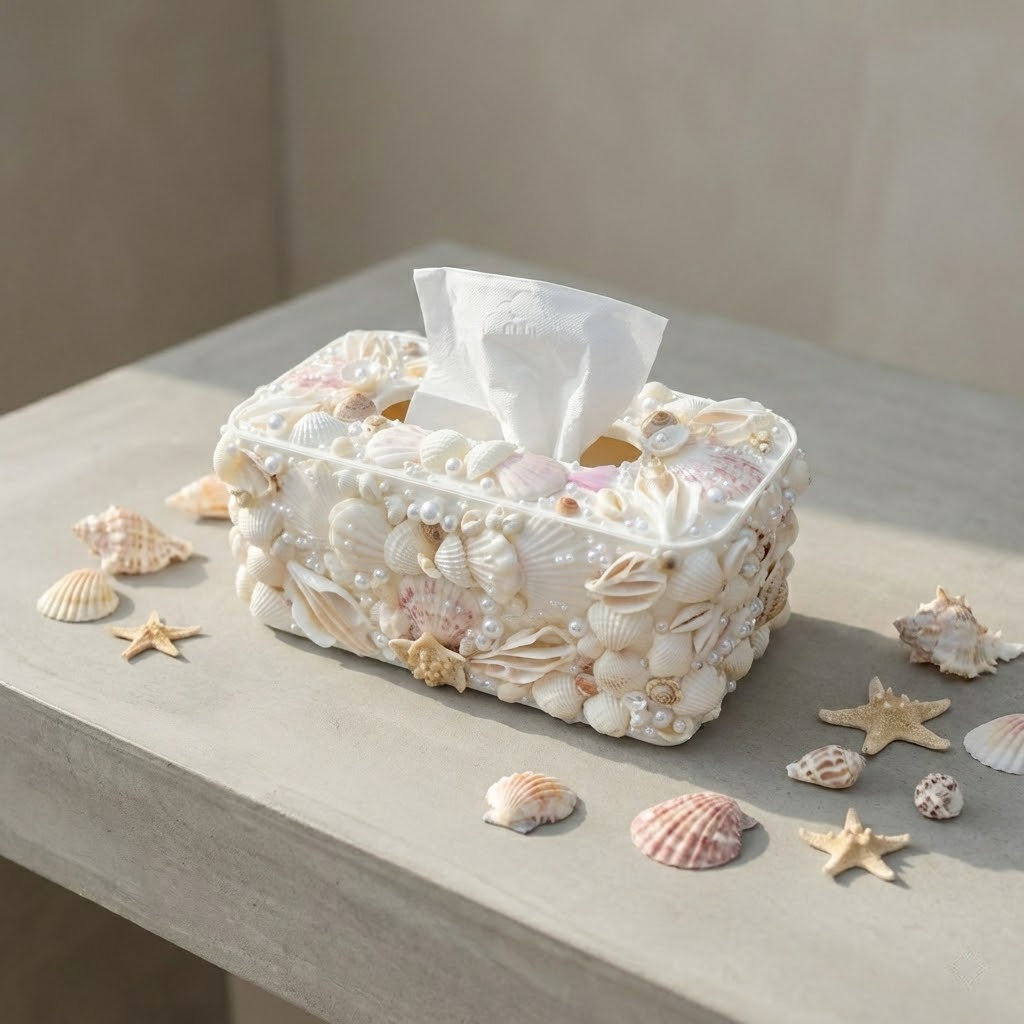handmade seashell tissue box cover – coastal decor