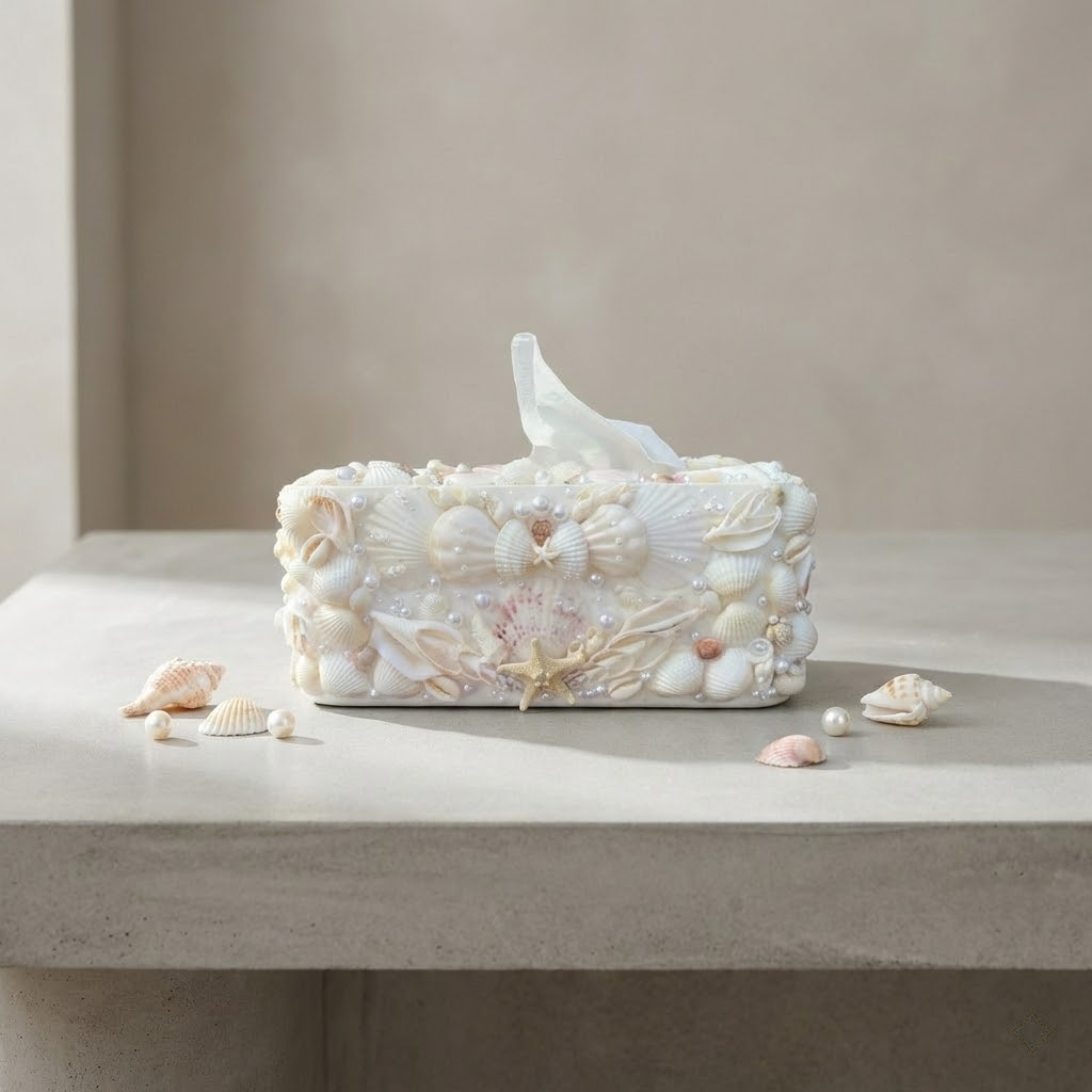 handmade seashell tissue box cover – coastal decor