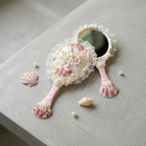 handmade seashell mirror with lace trim