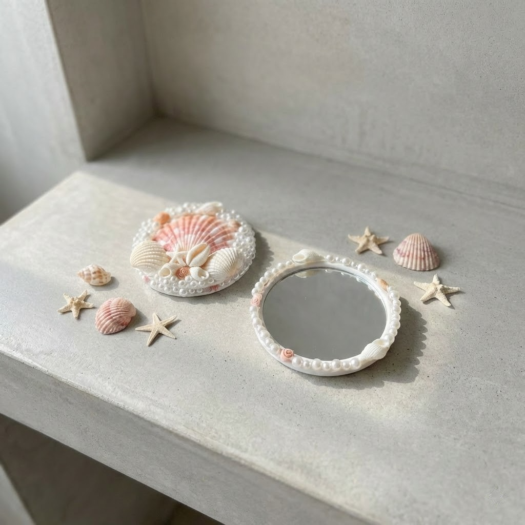mini seashell & pearl pocket mirror – handmade coastal chic