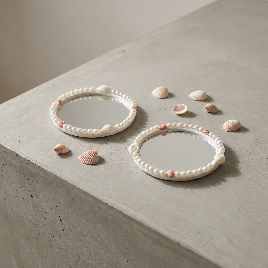 mini seashell & pearl pocket mirror – handmade coastal chic
