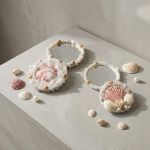 mini seashell & pearl pocket mirror – handmade coastal chic