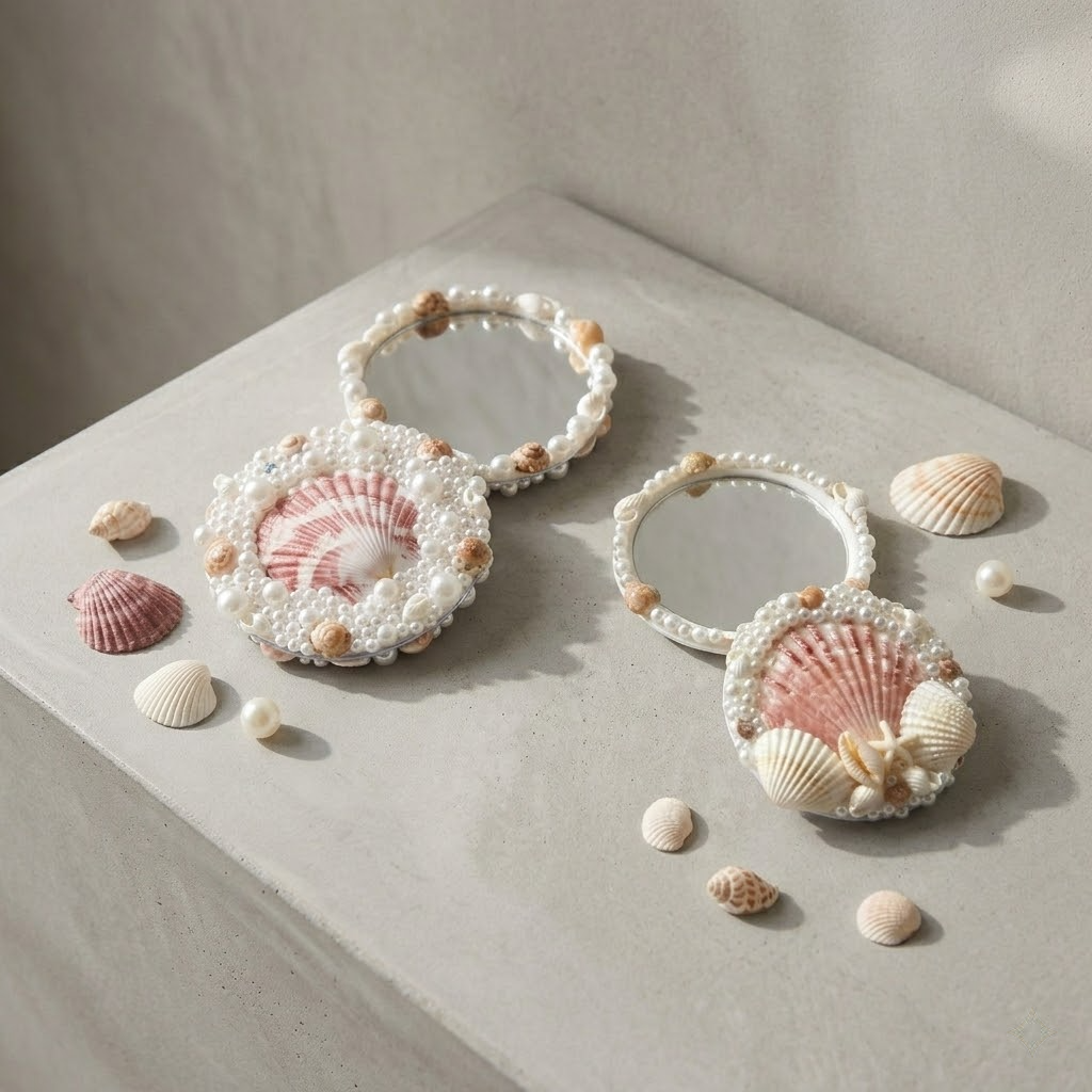 mini seashell & pearl pocket mirror – handmade coastal chic