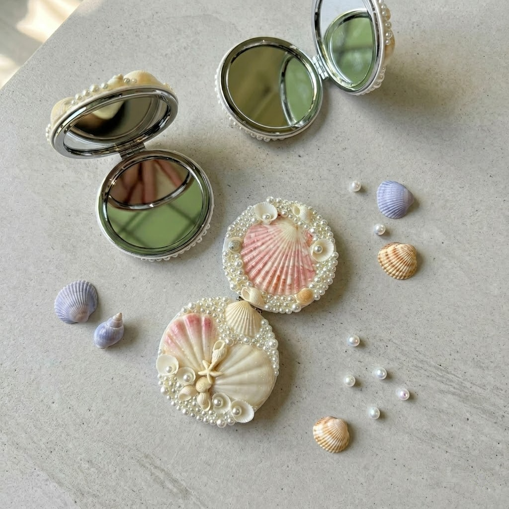 handmade double sided seashell compact mirror – meticulously crafted
