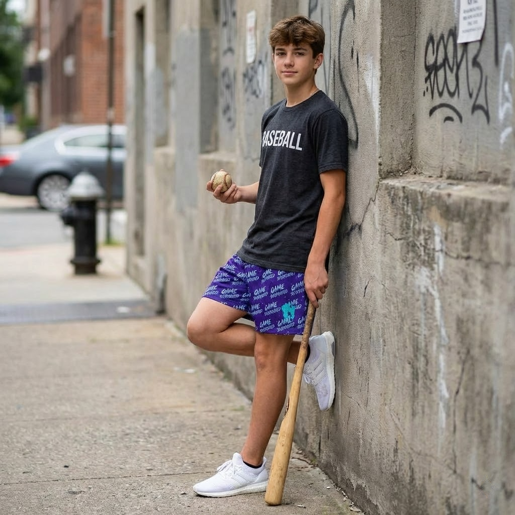 delay pause youth shorts – trendy summer baseball graphic shorts for kids